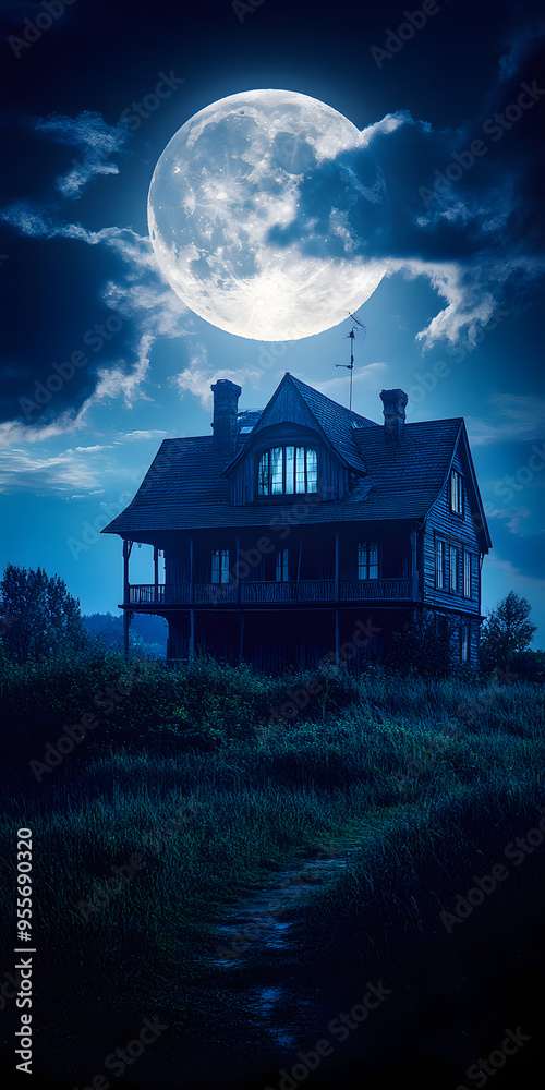 Haunted house silhouette under a full moon