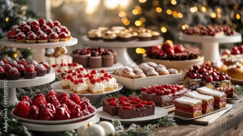 explore a delightful assortment of christmas sweets elegantly presented on a holiday-themed table a paradise for dessert enthusiasts photo