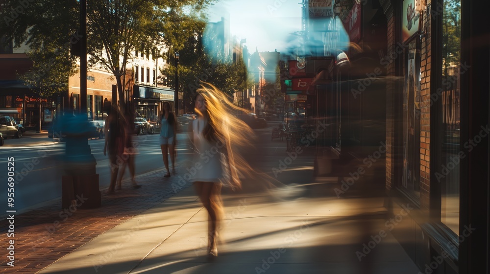 A busy street in the afternoon captures pedestrians walking swiftly on the sidewalk during a vibrant day in a city setting A busy street in the afternoon captures pedestrians walking swiftly on the sidewalk during a vibrant day in a city setting