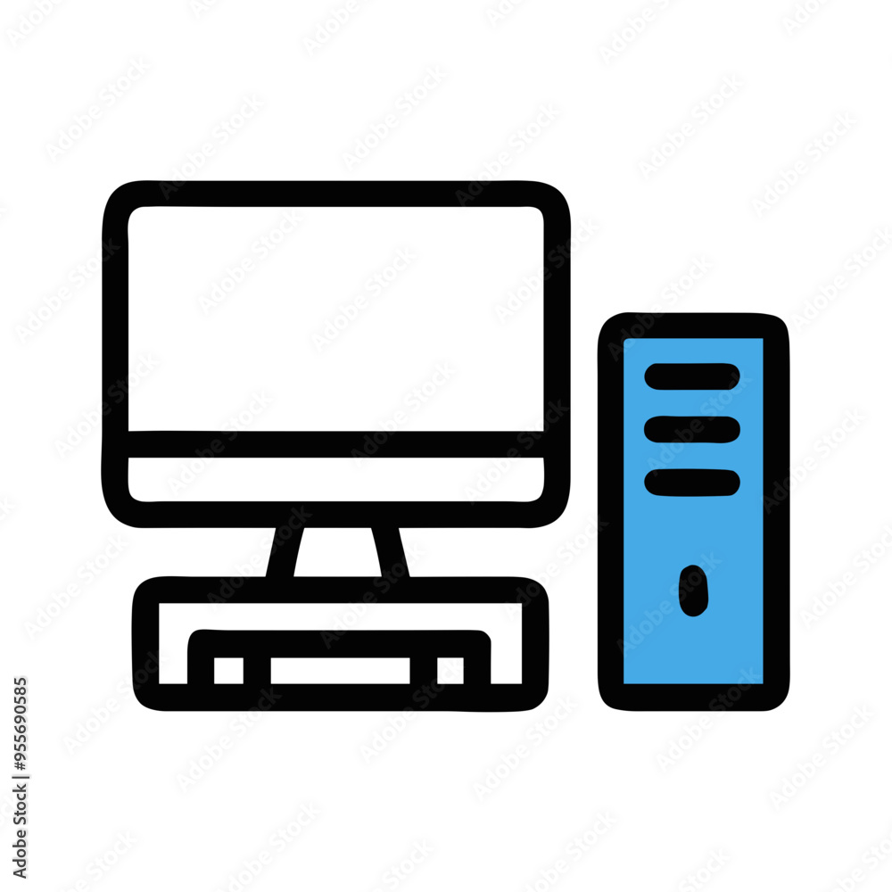 Desktop computer illustration with blue outline, monitor and tower on a white background, copy space Desktop computer illustration with blue outline, monitor and tower on a white background, copy space