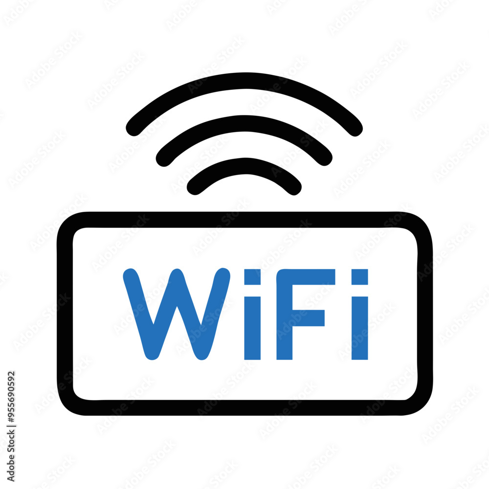WiFi symbol illustration with blue outline and text on a white background, copy space WiFi symbol illustration with blue outline and text on a white background, copy space