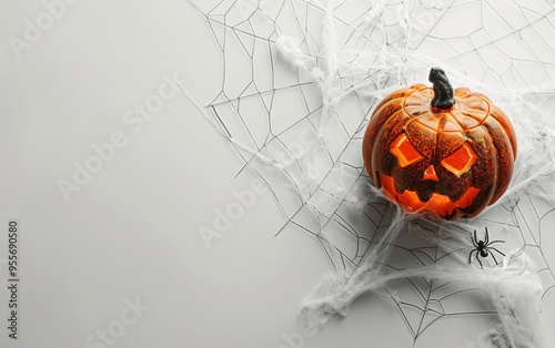 A minimal Halloween jack-o-lantern adorned with a delicate spiderweb against a clean white backdrop for creative design use photo