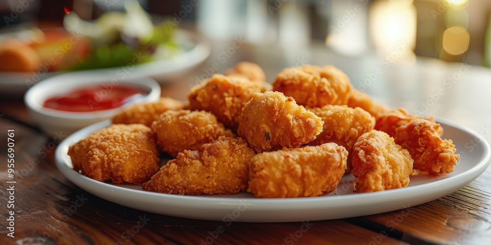 Plate of crispy chicken nuggets on table Fast food in restaurant with copy space Plate of crispy chicken nuggets on table Fast food in restaurant with copy space