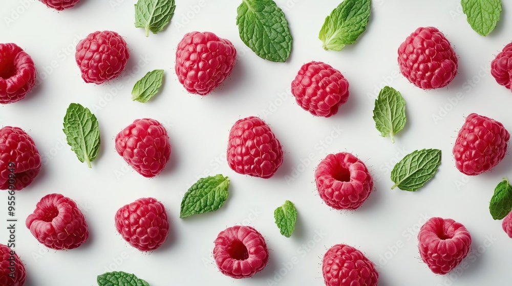 A vibrant arrangement of raspberries and mint leaves on a clean background. A vibrant arrangement of raspberries and mint leaves on a clean background.