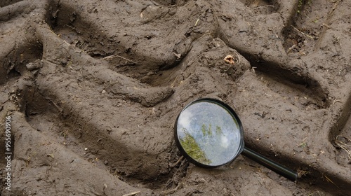 Close up photograph of a magnifying glass on a dark tractor track
