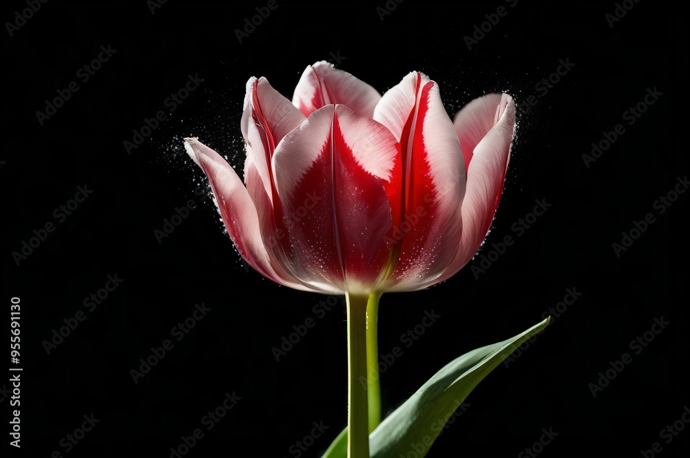 Pink tulip with splashes of water on a black background close up. Tulips. Mother's Day concept with place for text. Valentine's Day concept with copy space