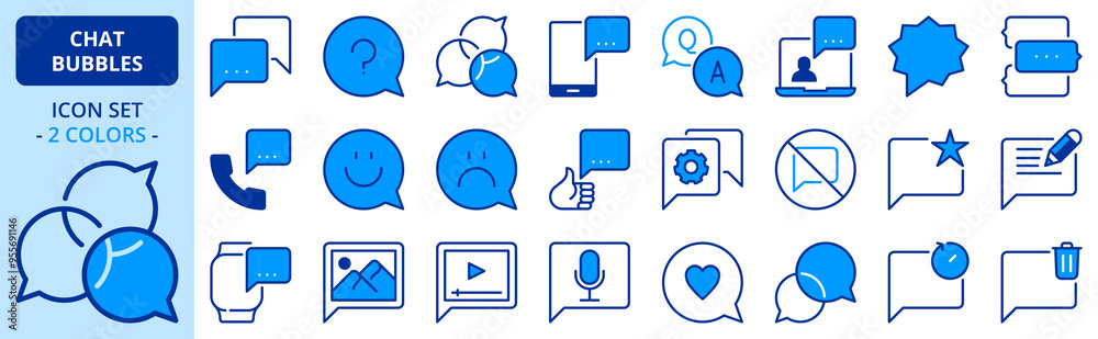 Icons in two colors about chat bubbles. Communication concepts