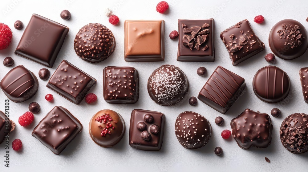 luxurious chocolate assortment on pristine white backdrop seamless pattern rich textures varied shapes glossy surfaces warm tones enticing shadows mouthwatering details