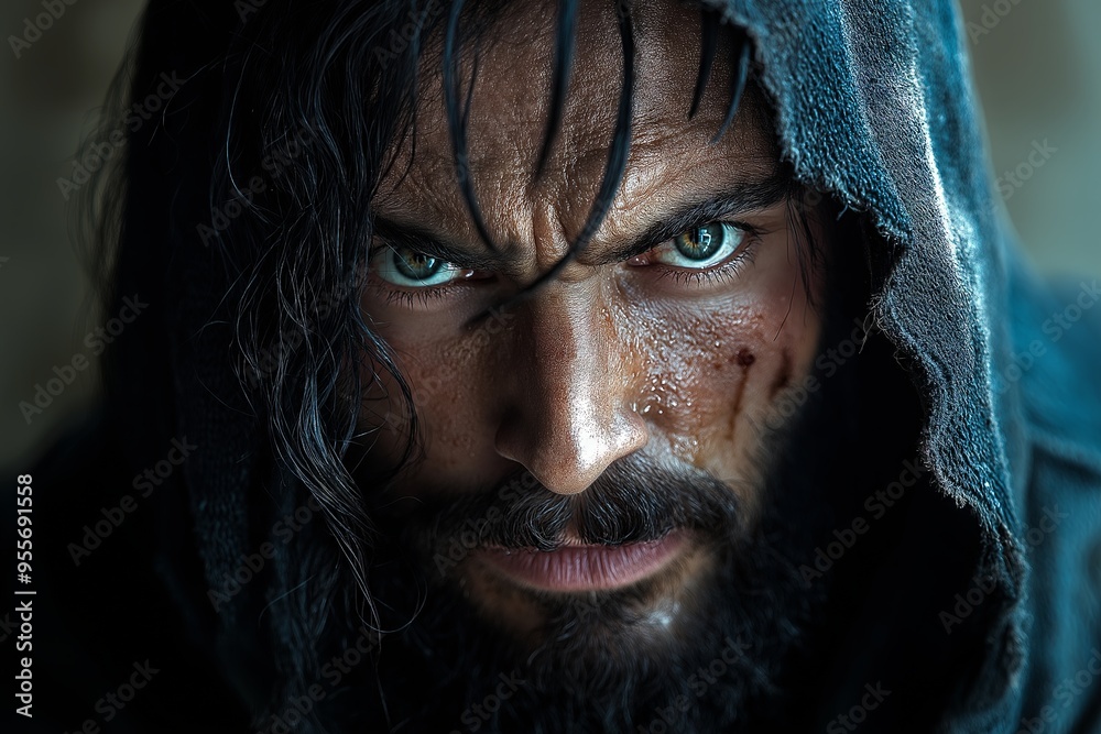 Intense portrait of a bearded man with piercing eyes and a hooded cloak, exuding determination and grit
Intense portrait of a bearded man with piercing eyes and a hooded cloak, exuding determination and grit