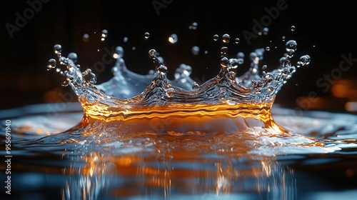 macro photograph of water droplet impact creating intricate splash crown against dark bronze background with soft focus edges photo