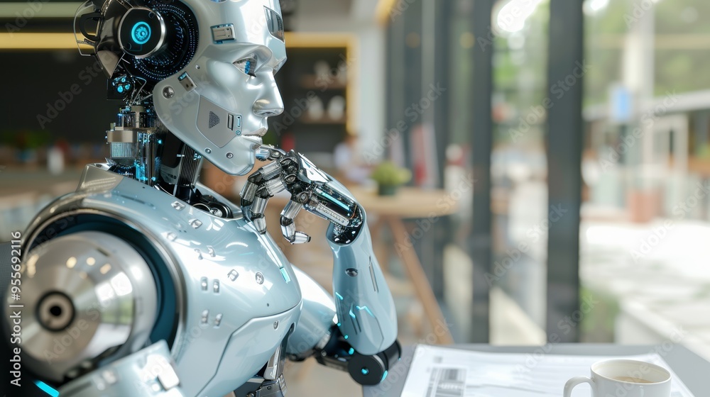 Fototapeta premium Advanced robot in modern office reflecting on work and innovation