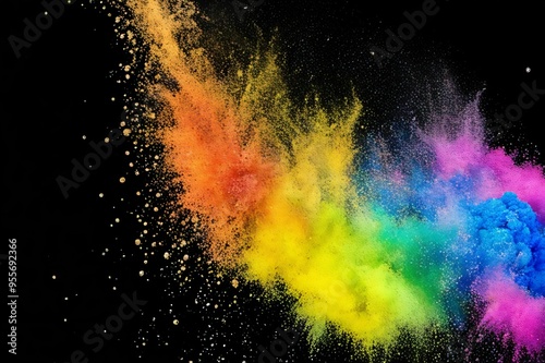 Explosion of colored powder on black background. Freeze motion colorful dust particles. Colorful Holi paint powder explosion on black background. Banner. Panorama