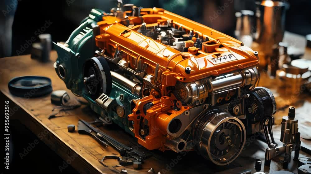 Close-up of the engine of a powerful car with oil Close-up of the engine of a powerful car with oil