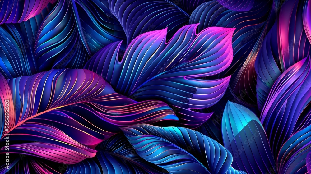 Abstract vibrant colorful leaves in purple blue neon light Abstract vibrant colorful leaves in purple blue neon light