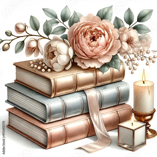 Stack of Metallic Gold and Blue Blooks with Floral Bouqet, Blush Roses, Cartoon Illustration photo