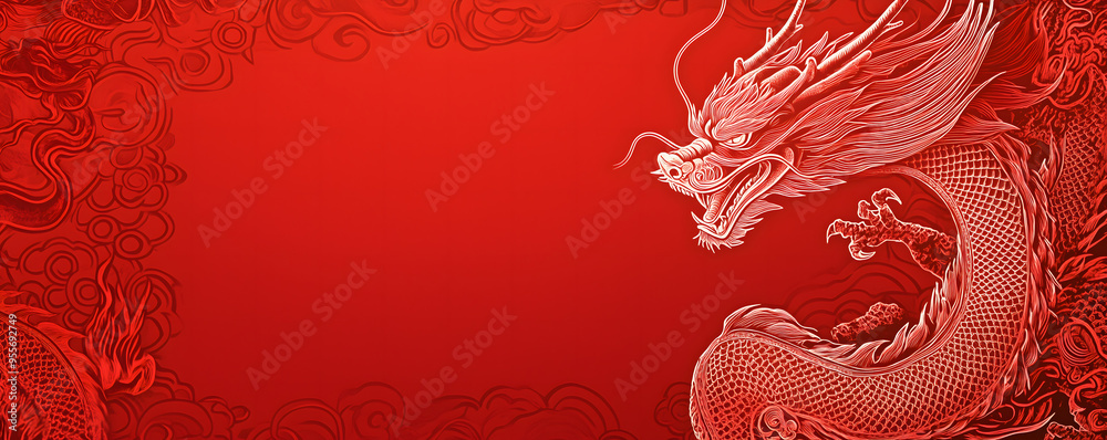 Red background with a Chinese dragon pattern decoration Decorative Concept Red background with a Chinese dragon pattern decoration Decorative Concept