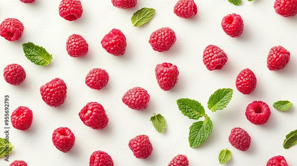 A vibrant arrangement of raspberries and mint leaves on a white background. A vibrant arrangement of raspberries and mint leaves on a white background.