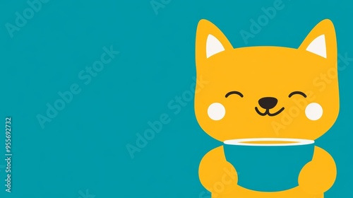 Cute yellow dog holding blue cup against turquoise background