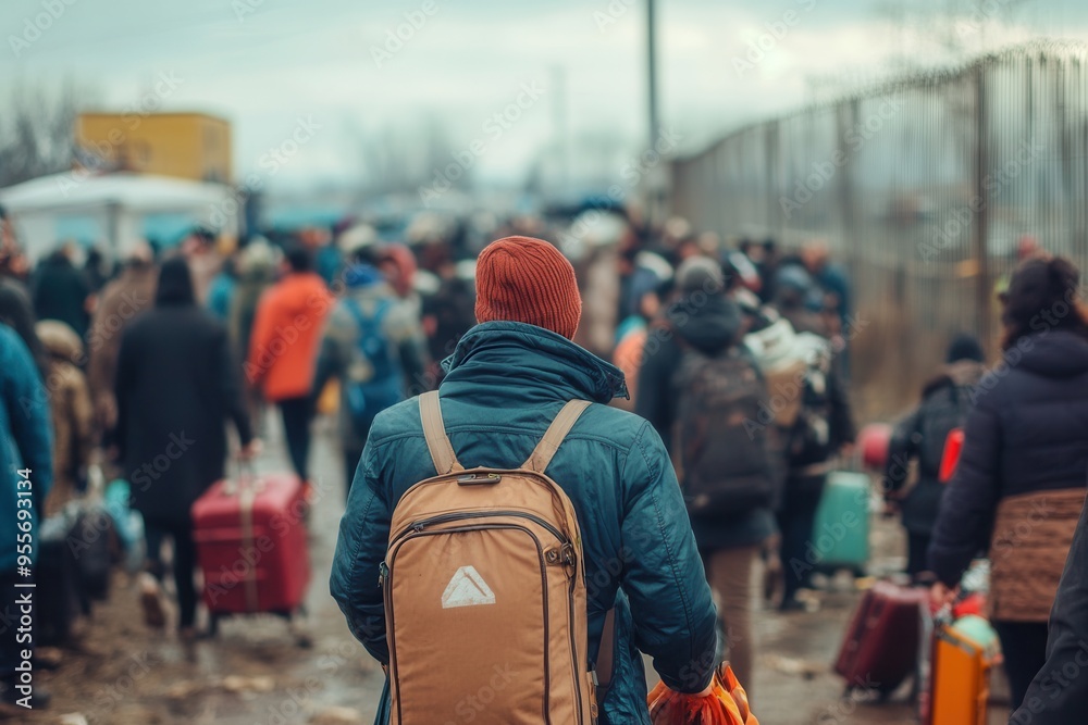Crowds gather at a border with suitcases and backpacks, reflecting the struggles of refugees seeking safety in challenging conditions. Generative AI Crowds gather at a border with suitcases and backpacks, reflecting the struggles of refugees seeking safety in challenging conditions. Generative AI