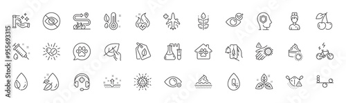 Not looking, Washing hands and Water drop line icons. Pack of E-bike, Cardio training, Bike path icon. Organic tested, Myopia, Medical support pictogram. Pet shelter, Pets care. Line icons. Vector