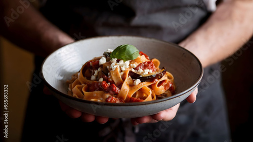 Close-up of Hand-Held Bowl of Freshly Prepared Tagliatelle Pasta with Tomato Sauce, Eggplant, Crumbled Cheese, and Basil Garnish