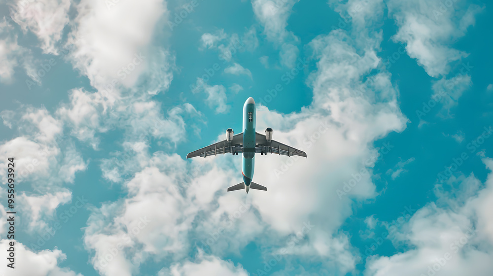 A breathtaking photo of a commercial airplane flying high against a backdrop of clear blue sky and scattered clouds, taken from a low angle to enhance the dramatic effect A breathtaking photo of a commercial airplane flying high against a backdrop of clear blue sky and scattered clouds, taken from a low angle to enhance the dramatic effect
