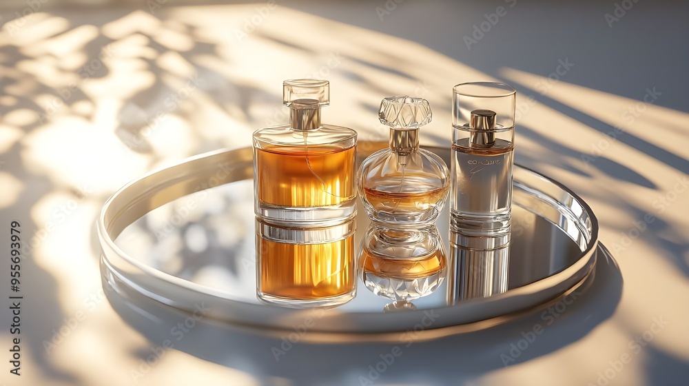 A set of three different perfume bottles arranged artfully on a mirrored tray, with sunlight streaming in from the side. A set of three different perfume bottles arranged artfully on a mirrored tray, with sunlight streaming in from the side.