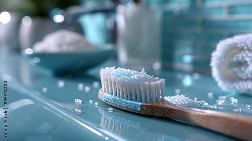 toothbrush with paste on it on the bathroom background toothbrush with paste on it on the bathroom background
