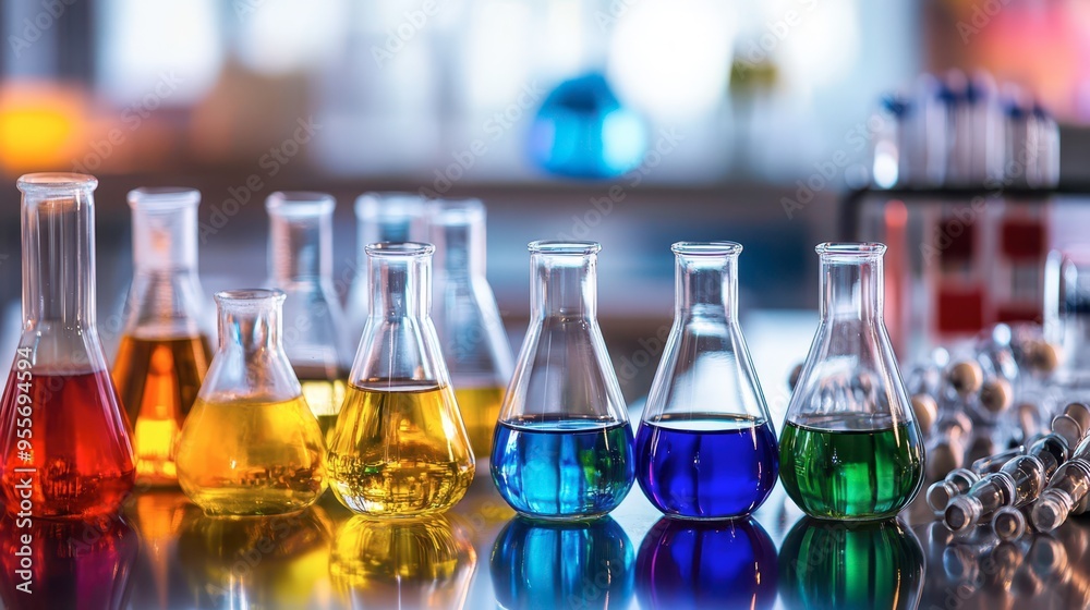 Colorful glass flasks with liquids displayed on a lab table during daylight Colorful glass flasks with liquids displayed on a lab table during daylight