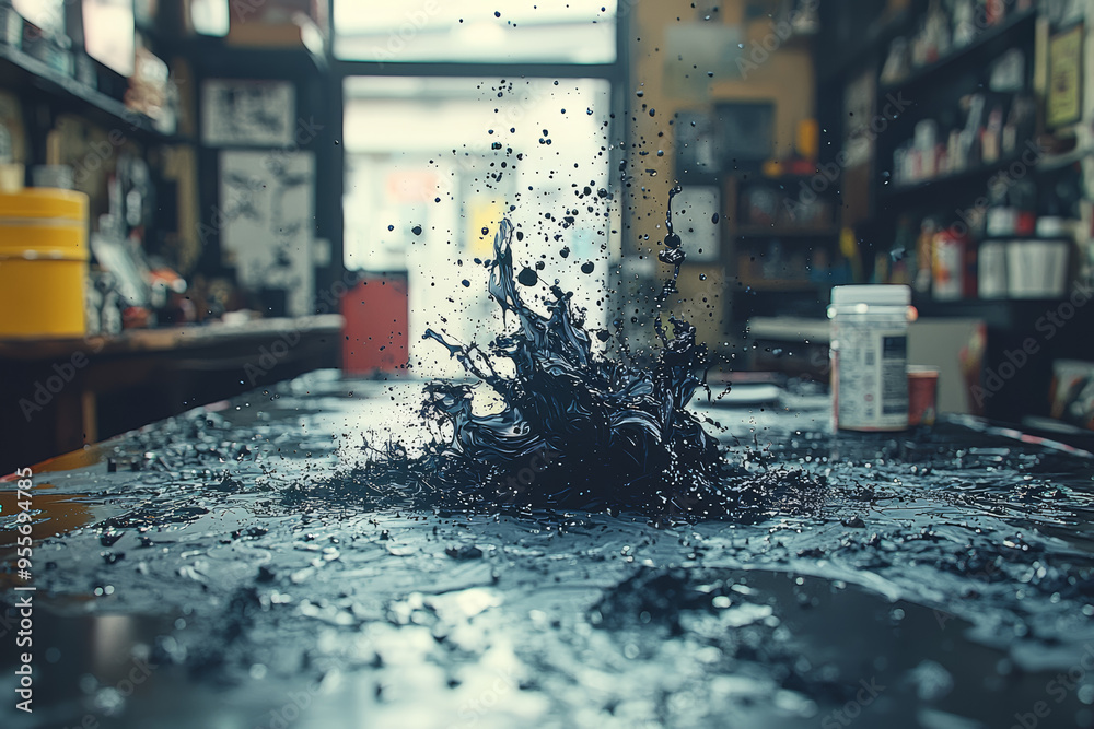 Lines of spilled ink across a desk, representing an accidental mess during writing or drawing. Concept of creative processes and office disarray. Lines of spilled ink across a desk, representing an accidental mess during writing or drawing. Concept of creative processes and office disarray.