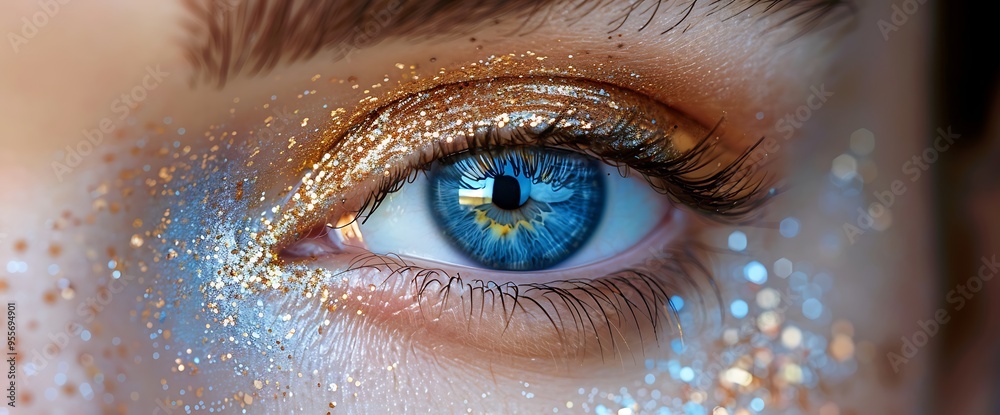 Close-up of a blue eye with gold glitter eyeshadow. Close-up of a blue eye with gold glitter eyeshadow.