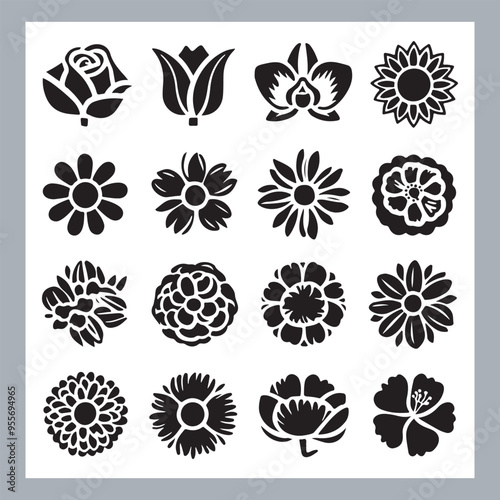 Set of logotype icons flowers Rose, Tulip, Orchid, Sunflower, Lily, Daisy, Daffodil, Jasmine, Lavender, Marigold, Peony, Chrysanthemum, Hibiscus, Poppy, Violet silhouettes in white background