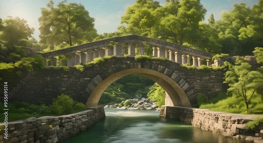 An old stone bridge over a river with green trees behind 4k animation An old stone bridge over a river with green trees behind 4k animation