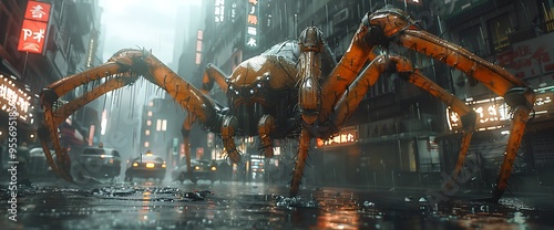 A mechanical spider walks through a futuristic city street, its legs reflecting the rain.