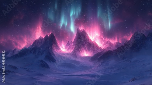 majestic nocturnal mountain landscape snowcapped peaks piercing a starstudded sky ethereal aurora borealis dancing above casting an otherworldly glow on pristine snow fields photo