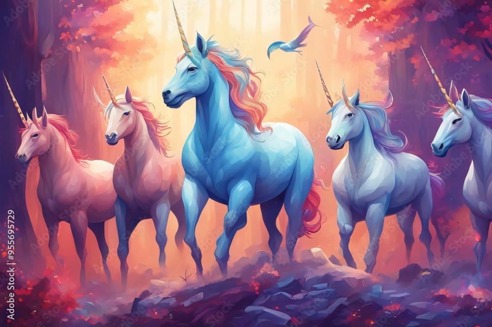 Unicorn on the forest for creative projects and design. Illustration of a beautifully unicorn colored. Unicorn painting. Unicorn with rainbow hair and background Unicorn on the forest for creative projects and design. Illustration of a beautifully unicorn colored. Unicorn painting. Unicorn with rainbow hair and background