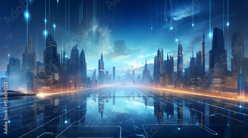 Futuristic Digital Cityscape, Advanced Cyber City Technology Concept