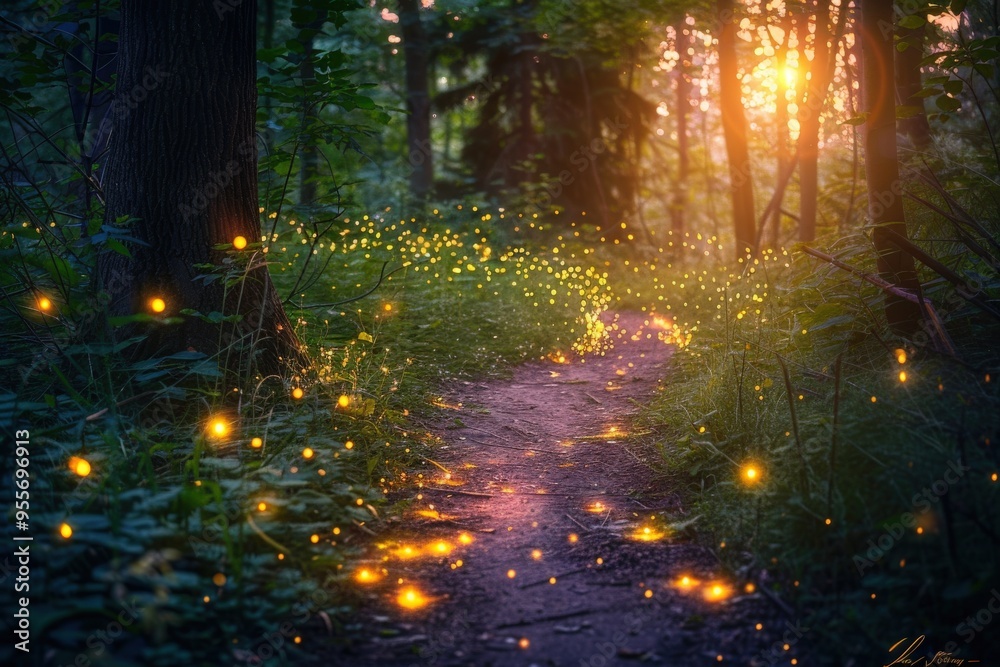 Obraz premium A forest path is lit up with fireflies, generative ai image