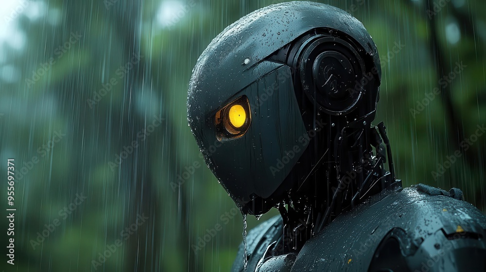 melancholic robot in downpour solitary android stands amidst heavy rain dim bluish lighting accentuates loneliness and fear evoking empathy for ai sentience melancholic robot in downpour solitary android stands amidst heavy rain dim bluish lighting accentuates loneliness and fear evoking empathy for ai sentience