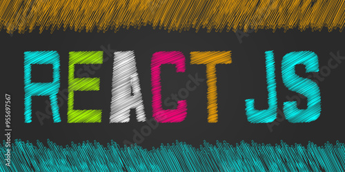 Vibrant representation of React js text in the style of string art on a dark background. The letters are woven with colored threads. Web development, programming, tech. Stock vector illustration.