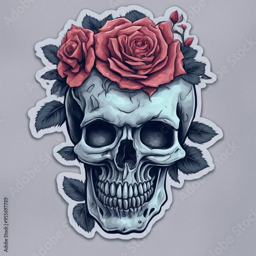 Sticker skull with roses. T-shirt sticker skull design. Mockup template tattoo with skull