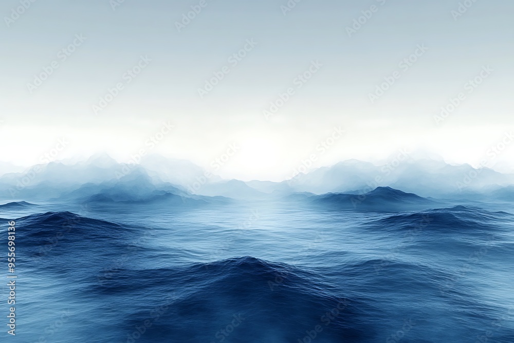 Serene blue ocean with misty mountains, a minimalist illustration. Serene blue ocean with misty mountains, a minimalist illustration.