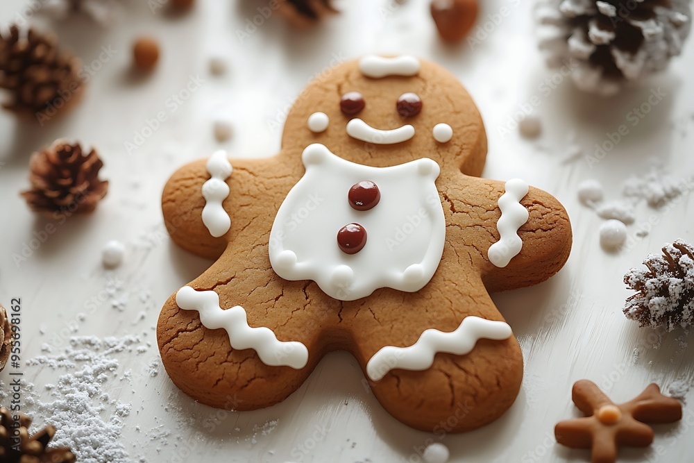 A gingerbread man cookie decorated with icing on a white surface. A gingerbread man cookie decorated with icing on a white surface.