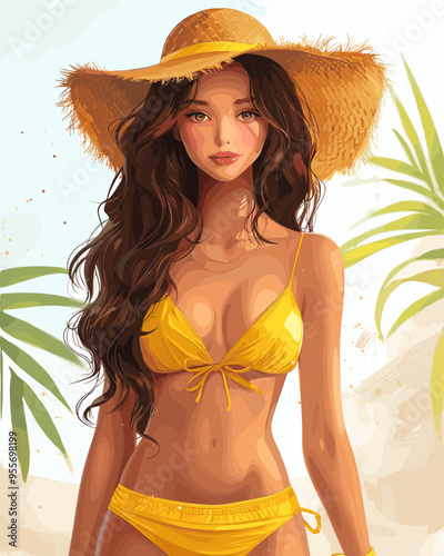 A woman in a yellow bikini is walking through a jungle