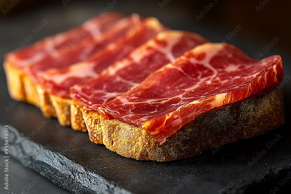 Sliced Iberico ham draped over bread, highlighting the richness of this Spanish delicacy. Sliced Iberico ham draped over bread, highlighting the richness of this Spanish delicacy.