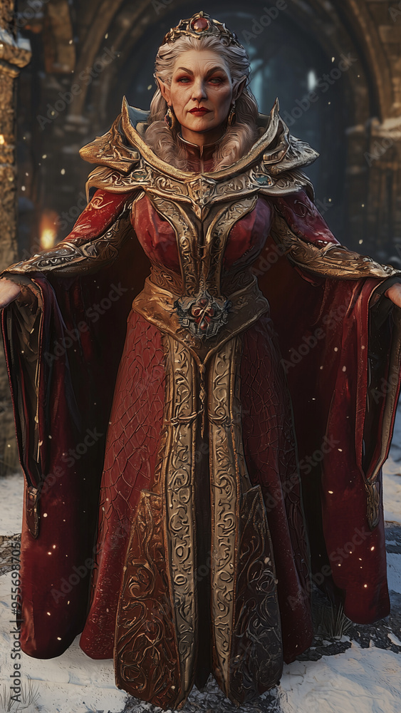 Naklejka premium regal dwarf female queen adorned in intricate red and gold armor standing in a snowy fortress