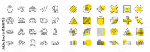 Taxi, Helicopter and subway train icons. Design shape elements. Transport line icons. Truck car, Tram and Air balloon transport. Bike, Airport airplane and Ship, subway. Vector