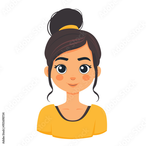 A cartoon girl with a yellow shirt and a ponytail. She has a smile on her face