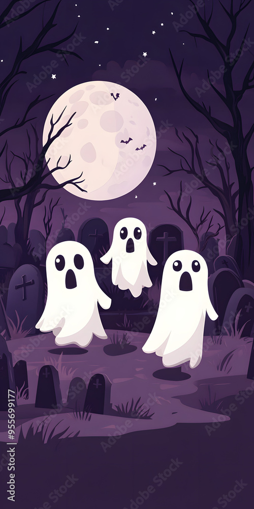 Ghosts wandering through a moonlit graveyard Ghosts wandering through a moonlit graveyard