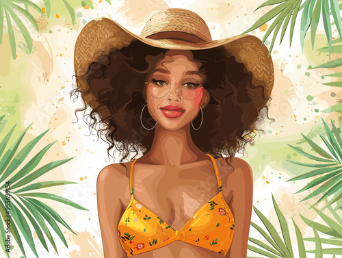 A woman wearing a yellow bikini and a straw hat. She is smiling and looking at the camera